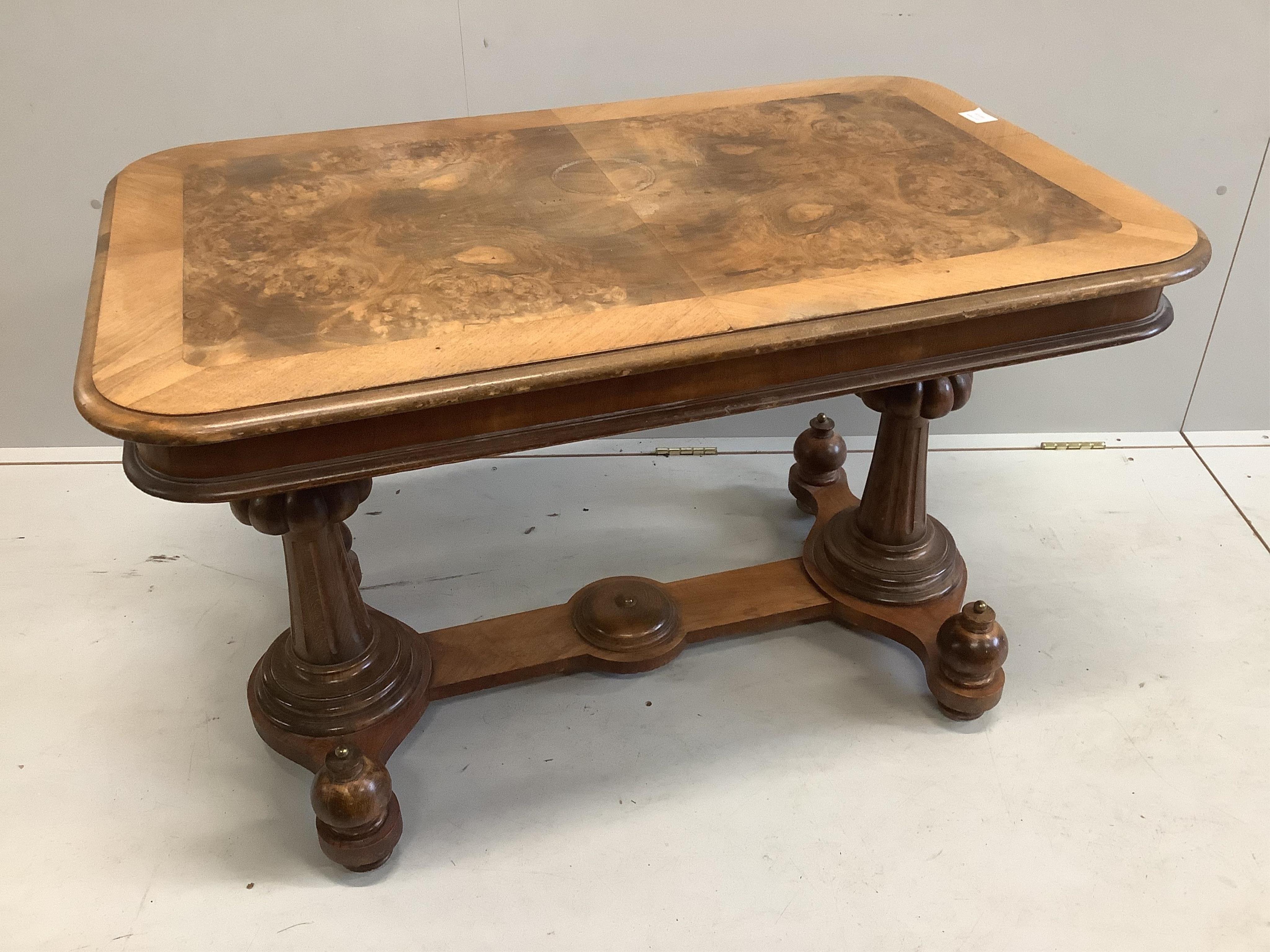 A Continental beech and burr walnut centre table, width 106cm, depth 66cm, height 66cm. Condition - fair